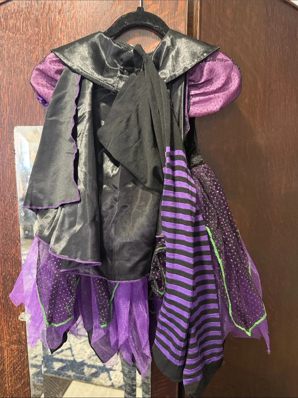 Girls Purple Witch Costume Dress with Green Trim and purple black tights